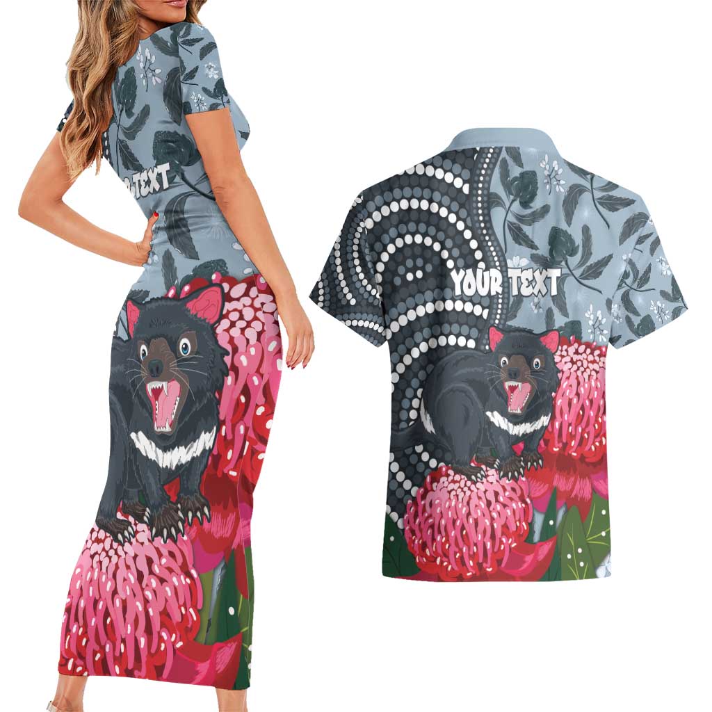Personalised Tasmanian Devil Australia Couples Matching Short Sleeve Bodycon Dress and Hawaiian Shirt Waratah Indigenous Art - Aussie Hoodie
