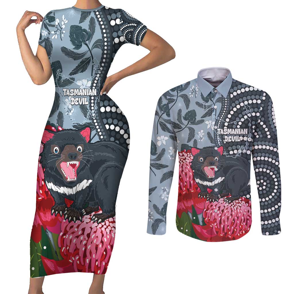 Personalised Tasmanian Devil Australia Couples Matching Short Sleeve Bodycon Dress and Long Sleeve Button Shirt Waratah Indigenous Art - Aussie Hoodie