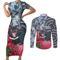 Personalised Tasmanian Devil Australia Couples Matching Short Sleeve Bodycon Dress and Long Sleeve Button Shirt Waratah Indigenous Art - Aussie Hoodie