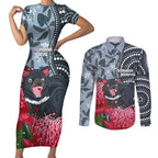 Personalised Tasmanian Devil Australia Couples Matching Short Sleeve Bodycon Dress and Long Sleeve Button Shirt Waratah Indigenous Art - Aussie Hoodie