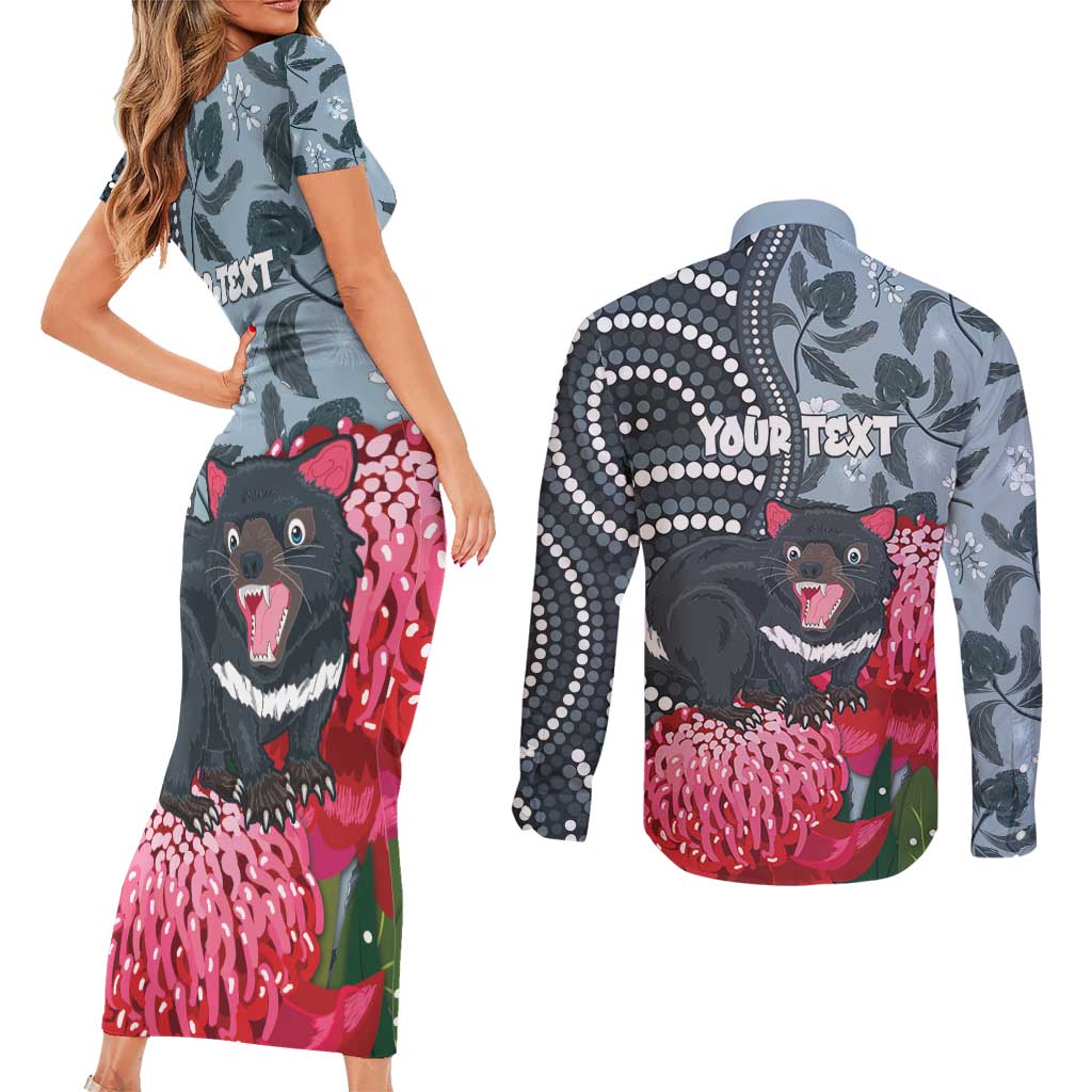 Personalised Tasmanian Devil Australia Couples Matching Short Sleeve Bodycon Dress and Long Sleeve Button Shirt Waratah Indigenous Art - Aussie Hoodie