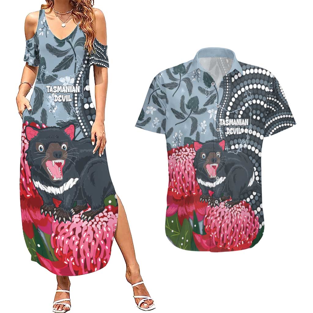 Personalised Tasmanian Devil Australia Couples Matching Summer Maxi Dress and Hawaiian Shirt Waratah Indigenous Art - Aussie Hoodie