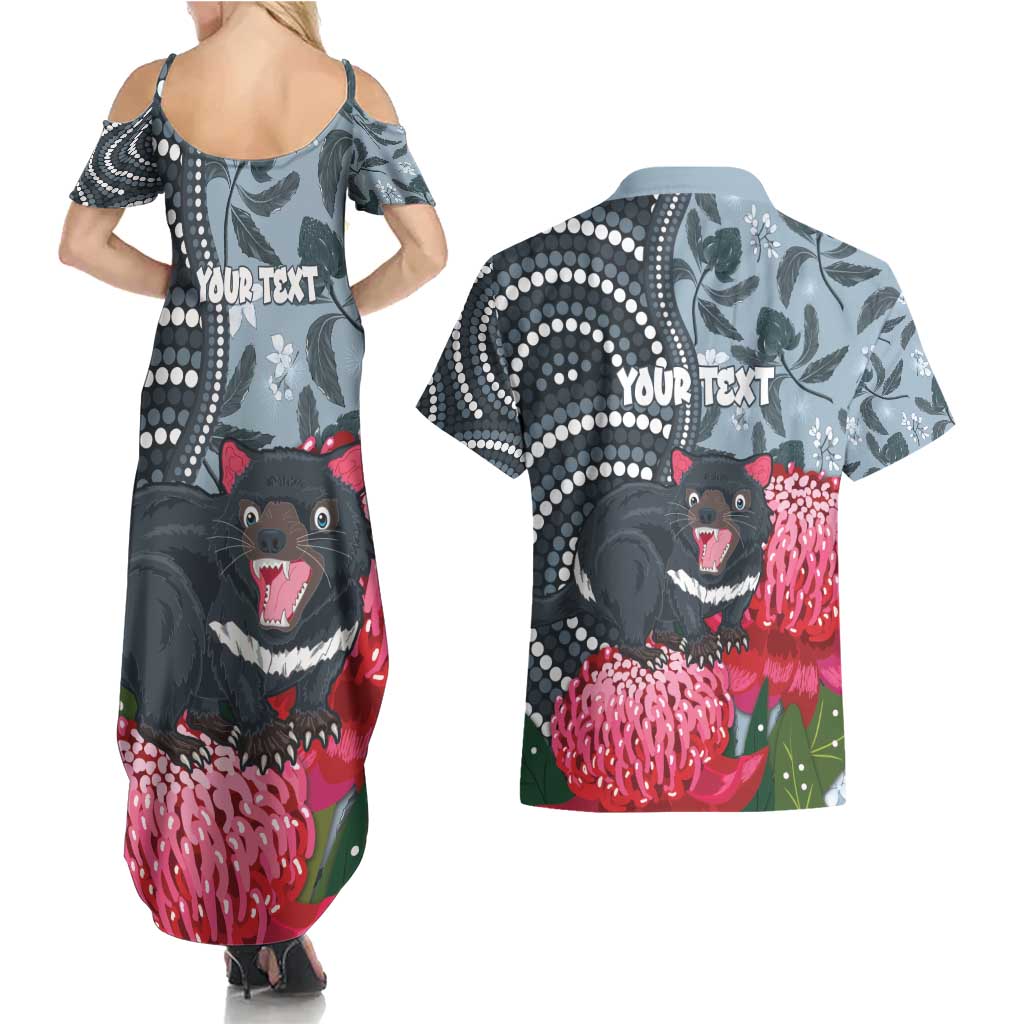 Personalised Tasmanian Devil Australia Couples Matching Summer Maxi Dress and Hawaiian Shirt Waratah Indigenous Art - Aussie Hoodie