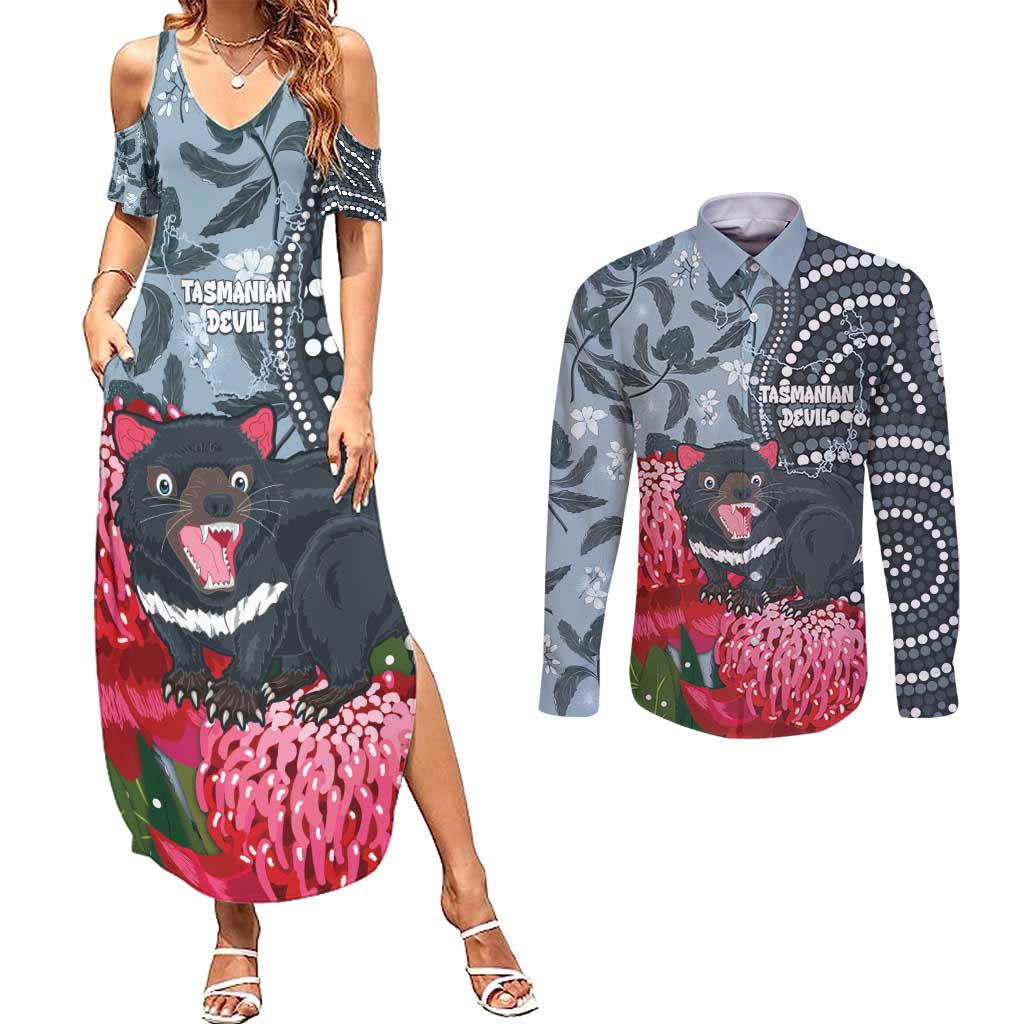Personalised Tasmanian Devil Australia Couples Matching Summer Maxi Dress and Long Sleeve Button Shirt Waratah Indigenous Art - Aussie Hoodie