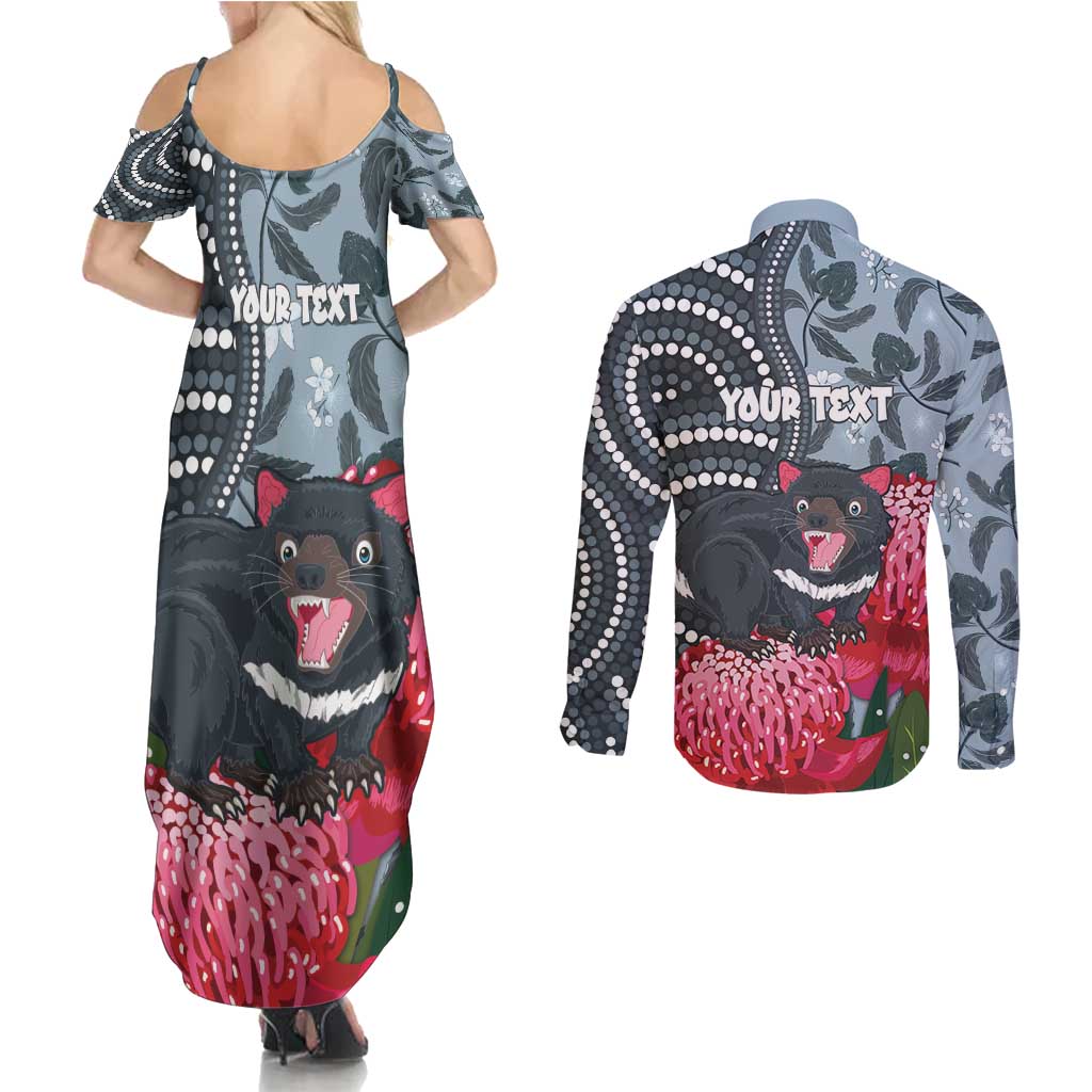 Personalised Tasmanian Devil Australia Couples Matching Summer Maxi Dress and Long Sleeve Button Shirt Waratah Indigenous Art - Aussie Hoodie