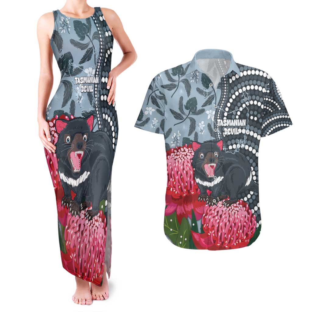 Personalised Tasmanian Devil Australia Couples Matching Tank Maxi Dress and Hawaiian Shirt Waratah Indigenous Art - Aussie Hoodie
