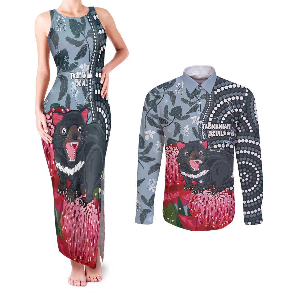 Personalised Tasmanian Devil Australia Couples Matching Tank Maxi Dress and Long Sleeve Button Shirt Waratah Indigenous Art - Aussie Hoodie