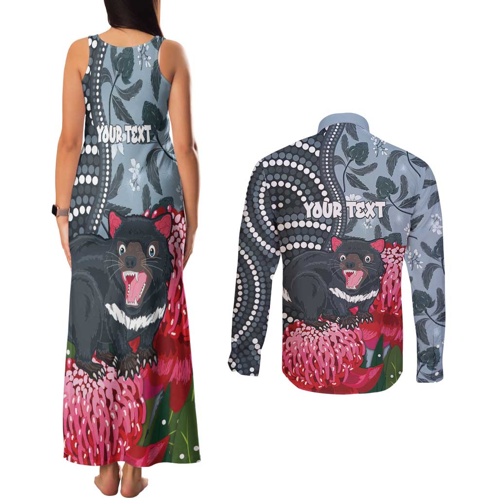 Personalised Tasmanian Devil Australia Couples Matching Tank Maxi Dress and Long Sleeve Button Shirt Waratah Indigenous Art - Aussie Hoodie