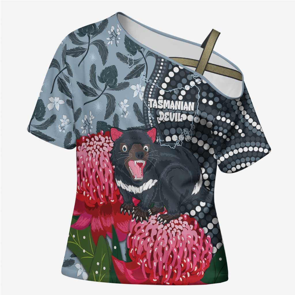 Personalised Tasmanian Devil Australia Cross Shoulder Shirt Waratah Indigenous Art - Aussie Hoodie