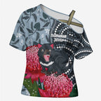 Personalised Tasmanian Devil Australia Cross Shoulder Shirt Waratah Indigenous Art - Aussie Hoodie