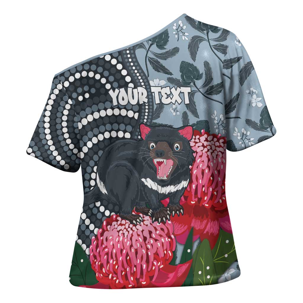 Personalised Tasmanian Devil Australia Cross Shoulder Shirt Waratah Indigenous Art - Aussie Hoodie
