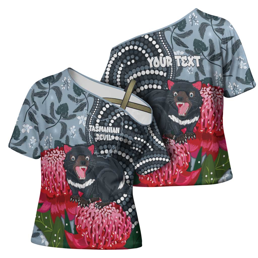 Personalised Tasmanian Devil Australia Cross Shoulder Shirt Waratah Indigenous Art - Aussie Hoodie