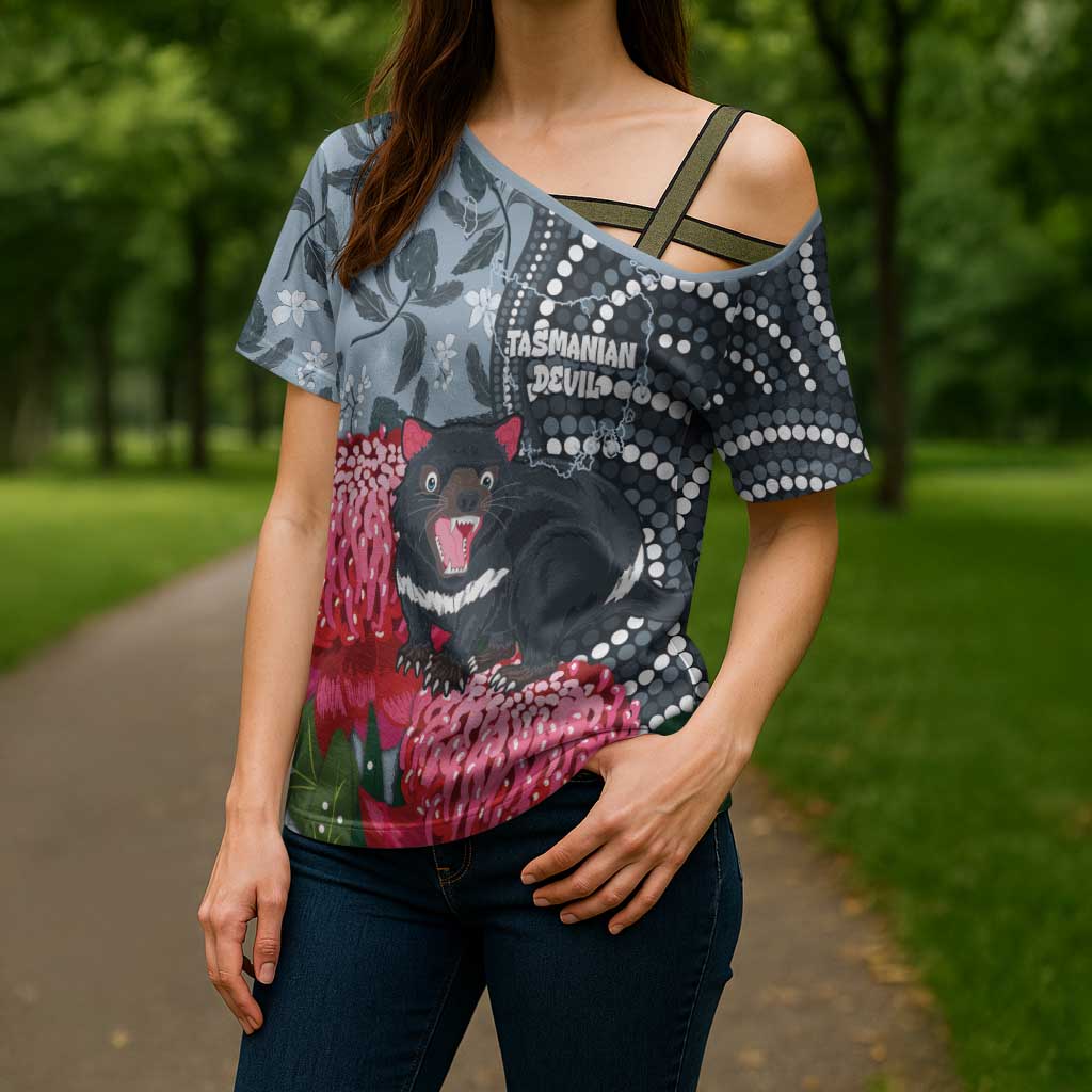 Personalised Tasmanian Devil Australia Cross Shoulder Shirt Waratah Indigenous Art - Aussie Hoodie
