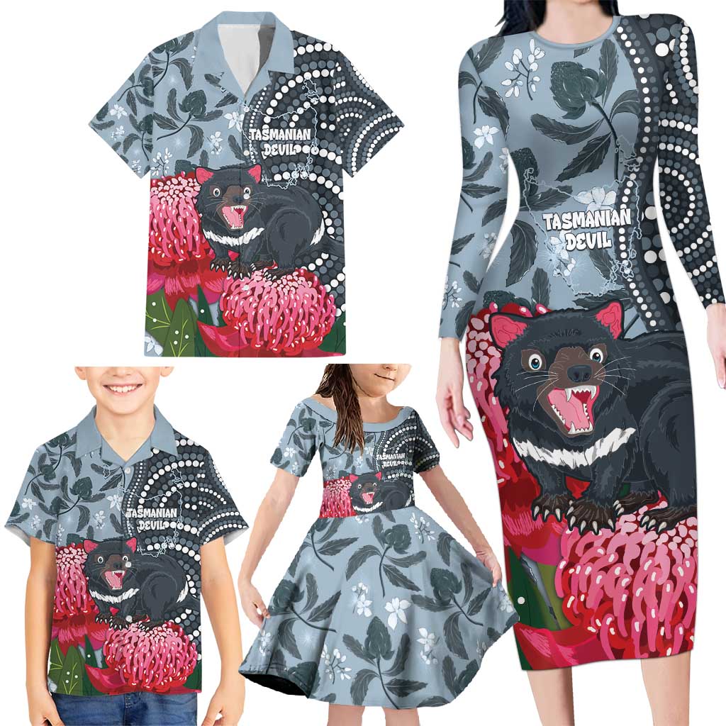 Personalised Tasmanian Devil Australia Family Matching Long Sleeve Bodycon Dress and Hawaiian Shirt Waratah Indigenous Art - Aussie Hoodie