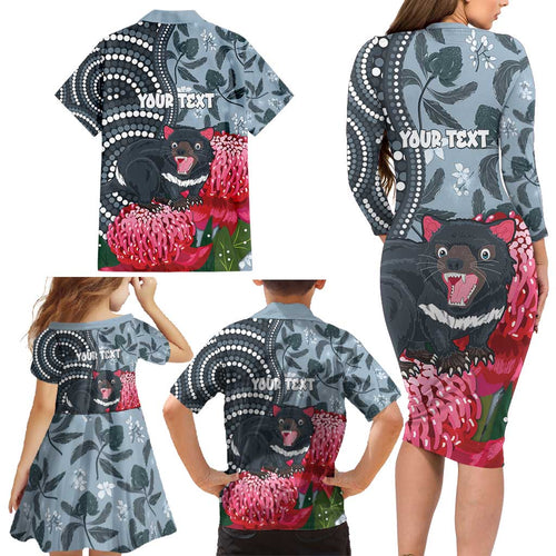 Personalised Tasmanian Devil Australia Family Matching Long Sleeve Bodycon Dress and Hawaiian Shirt Waratah Indigenous Art - Aussie Hoodie