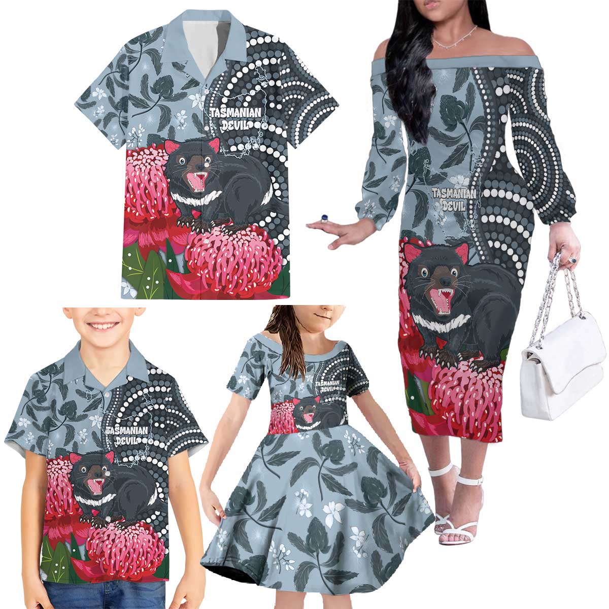 Personalised Tasmanian Devil Australia Family Matching Off The Shoulder Long Sleeve Dress and Hawaiian Shirt Waratah Indigenous Art - Aussie Hoodie