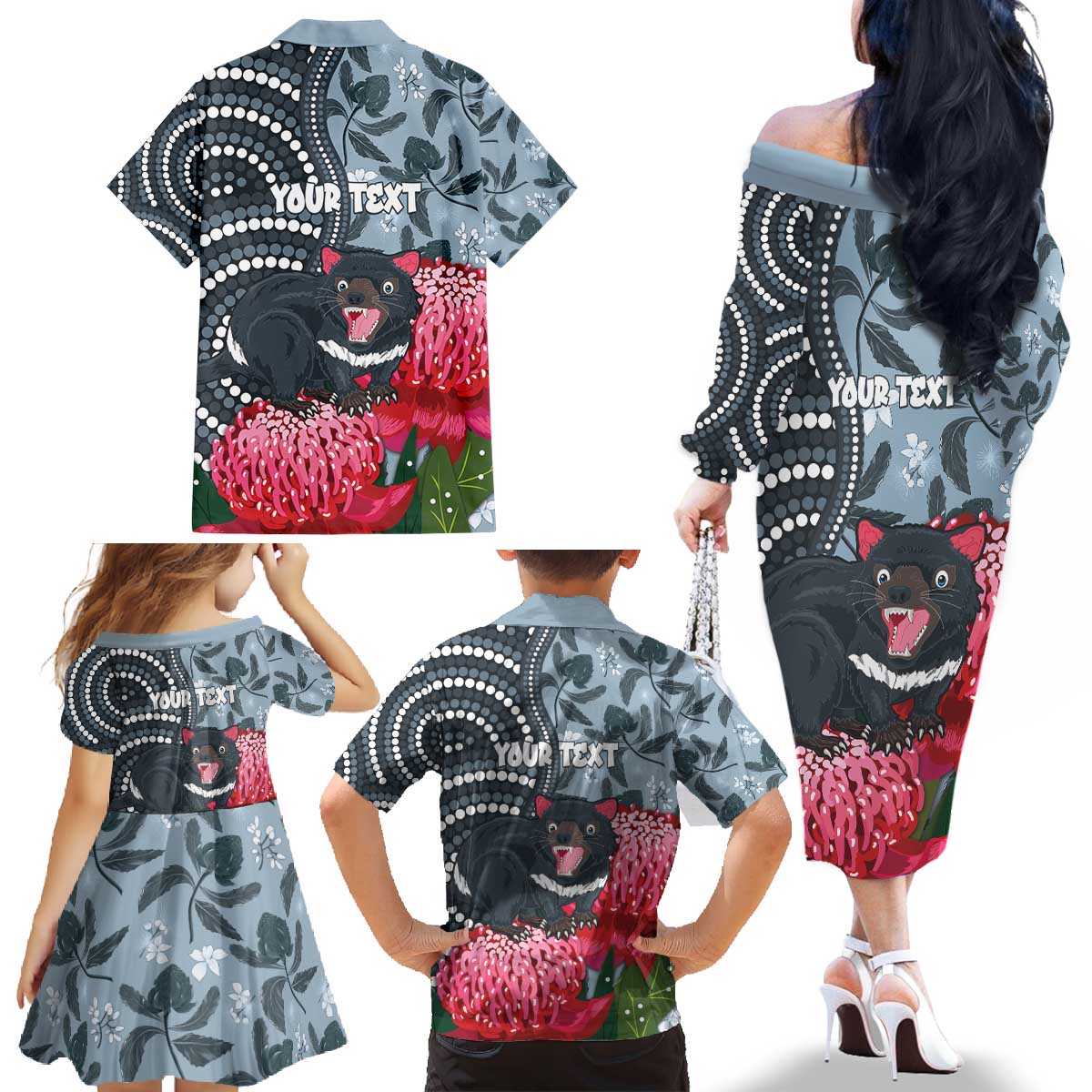 Personalised Tasmanian Devil Australia Family Matching Off The Shoulder Long Sleeve Dress and Hawaiian Shirt Waratah Indigenous Art - Aussie Hoodie