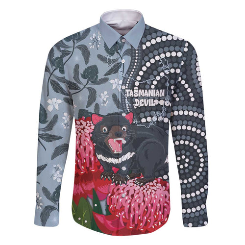 Personalised Tasmanian Devil Australia Family Matching Off The Shoulder Long Sleeve Dress and Hawaiian Shirt Waratah Indigenous Art - Aussie Hoodie
