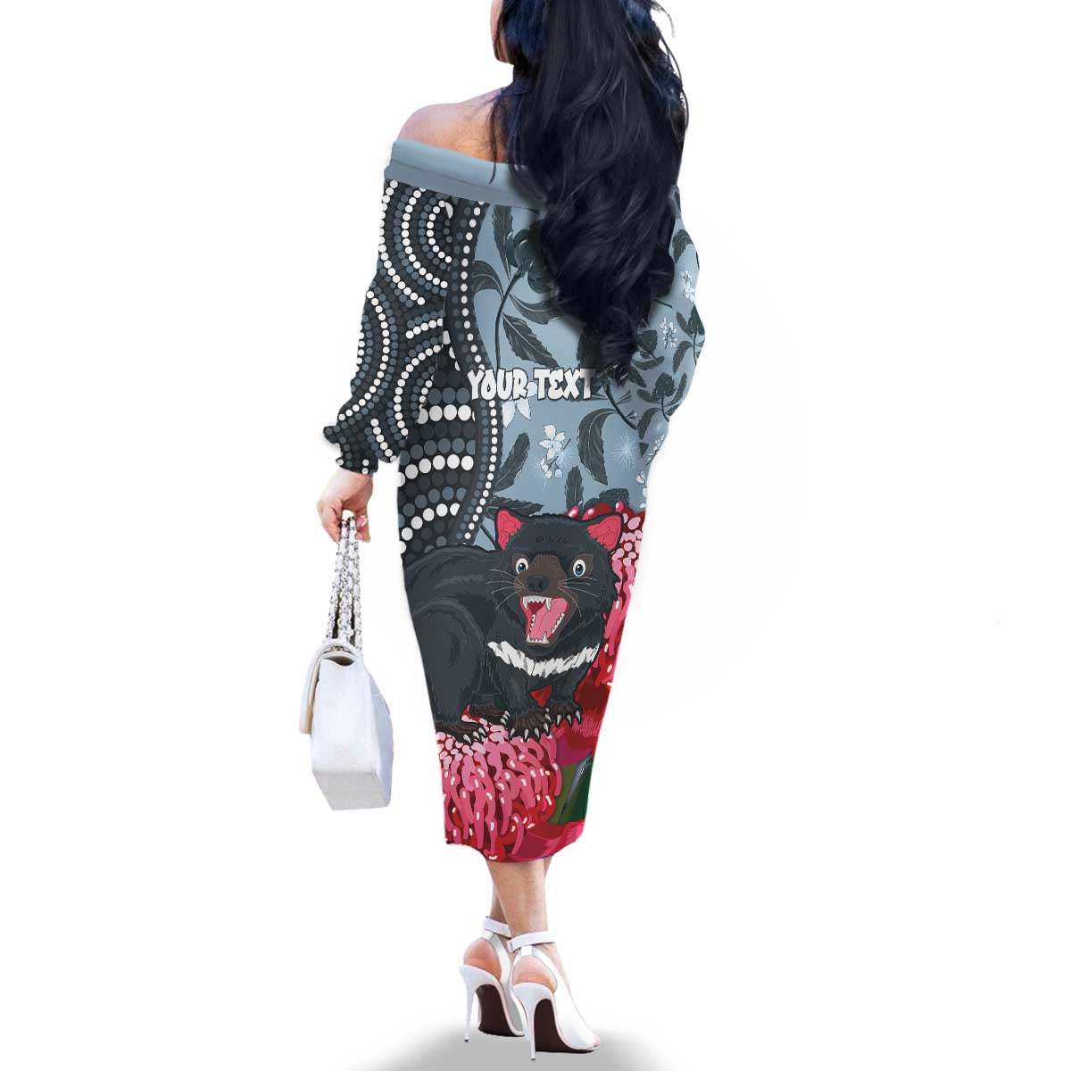 Personalised Tasmanian Devil Australia Family Matching Off The Shoulder Long Sleeve Dress and Hawaiian Shirt Waratah Indigenous Art - Aussie Hoodie