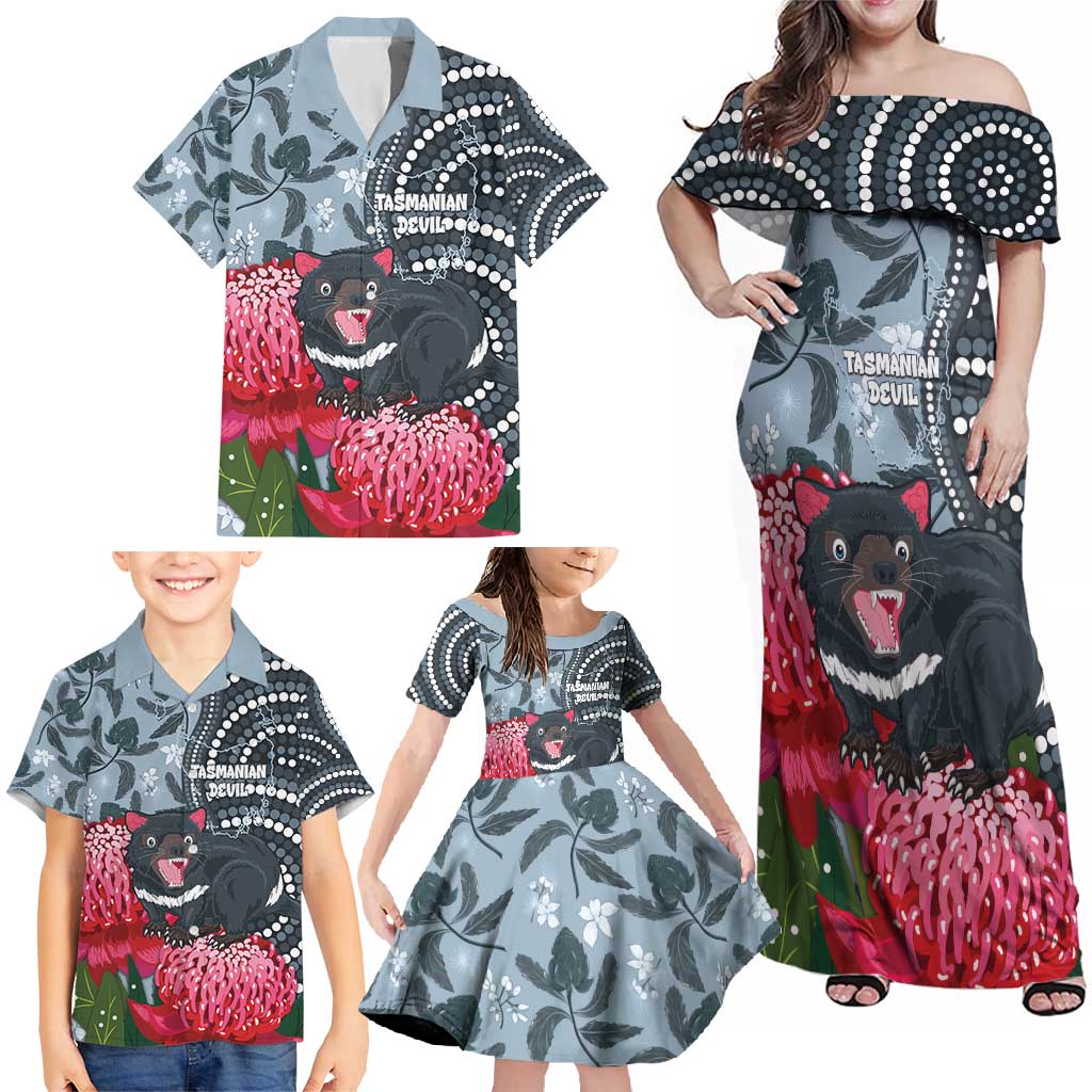 Personalised Tasmanian Devil Australia Family Matching Off Shoulder Maxi Dress and Hawaiian Shirt Waratah Indigenous Art - Aussie Hoodie