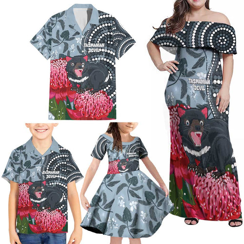 Personalised Tasmanian Devil Australia Family Matching Off Shoulder Maxi Dress and Hawaiian Shirt Waratah Indigenous Art - Aussie Hoodie