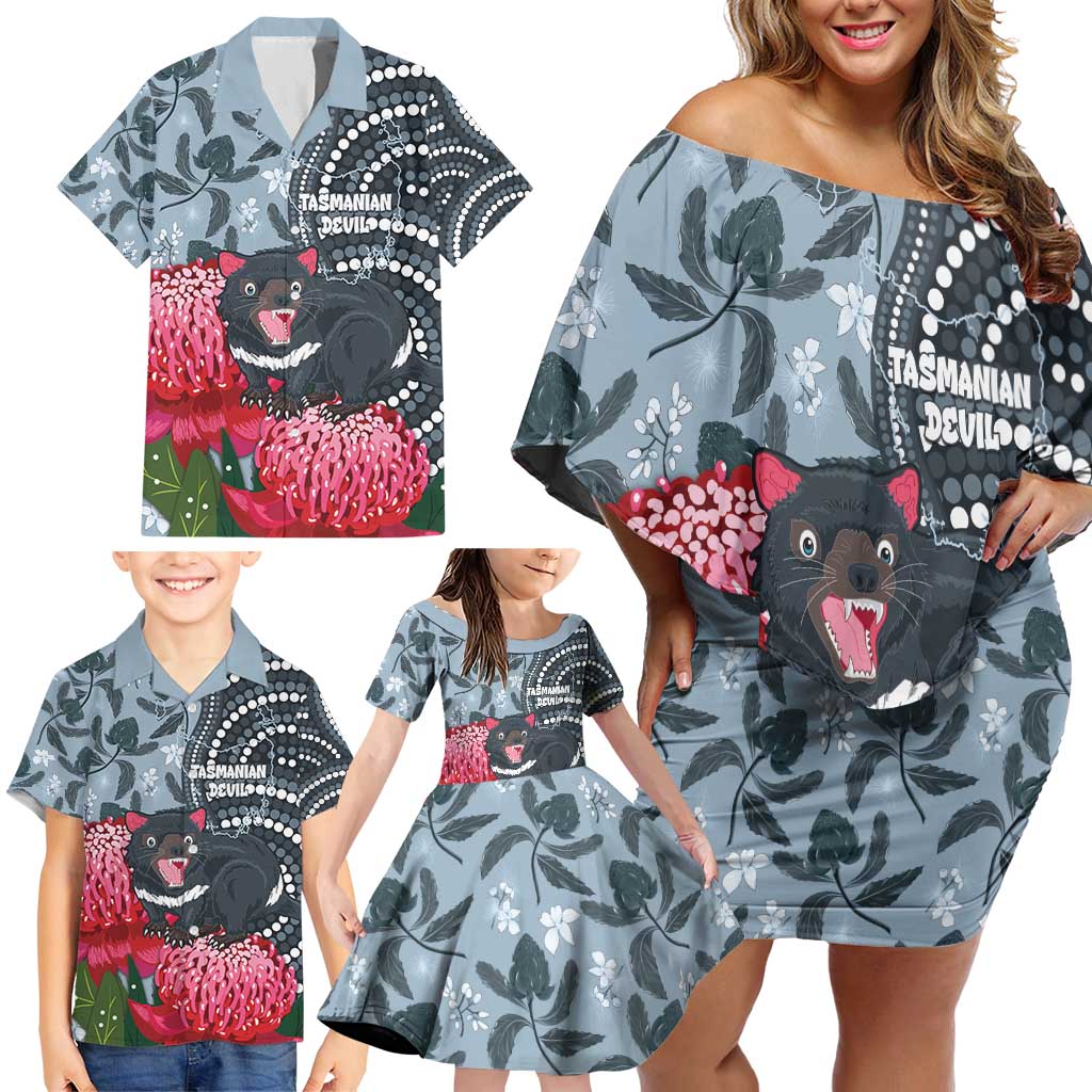 Personalised Tasmanian Devil Australia Family Matching Off Shoulder Short Dress and Hawaiian Shirt Waratah Indigenous Art - Aussie Hoodie