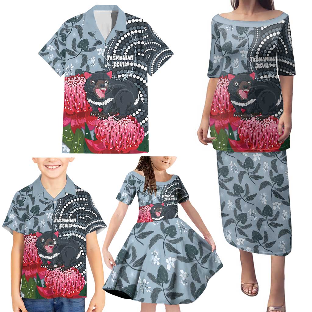 Personalised Tasmanian Devil Australia Family Matching Puletasi and Hawaiian Shirt Waratah Indigenous Art - Aussie Hoodie