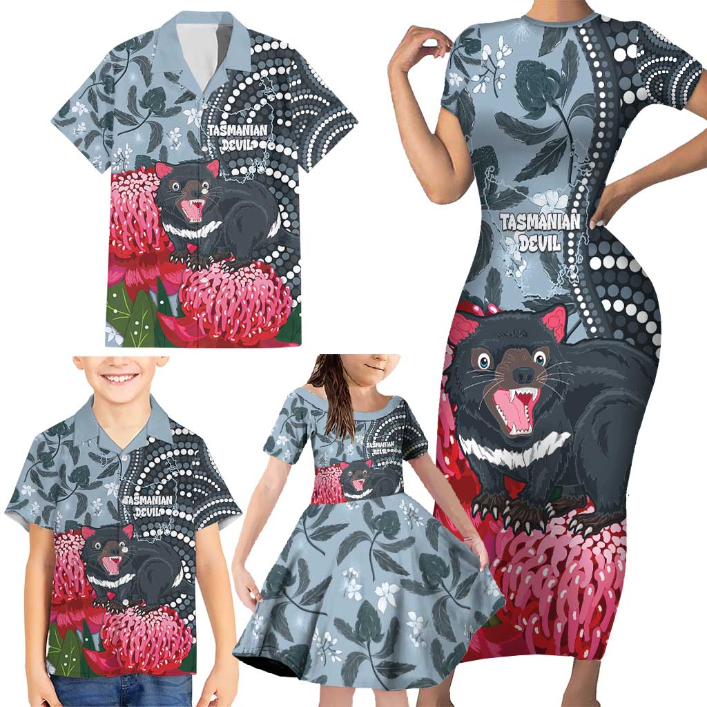 Personalised Tasmanian Devil Australia Family Matching Short Sleeve Bodycon Dress and Hawaiian Shirt Waratah Indigenous Art - Aussie Hoodie