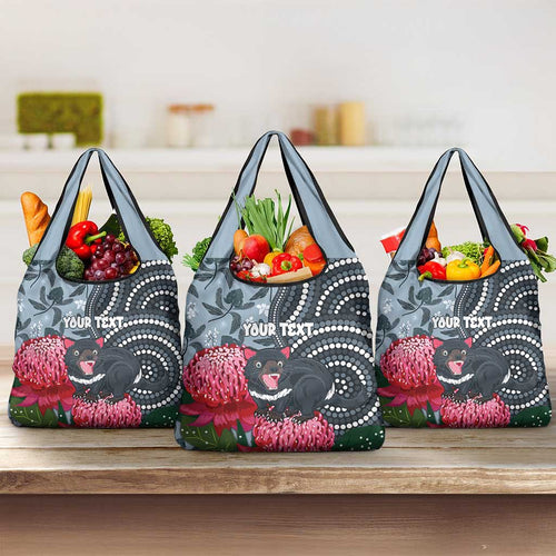 Personalised Tasmanian Devil Australia Grocery Bag Waratah Indigenous Art - Aussie Hoodie
