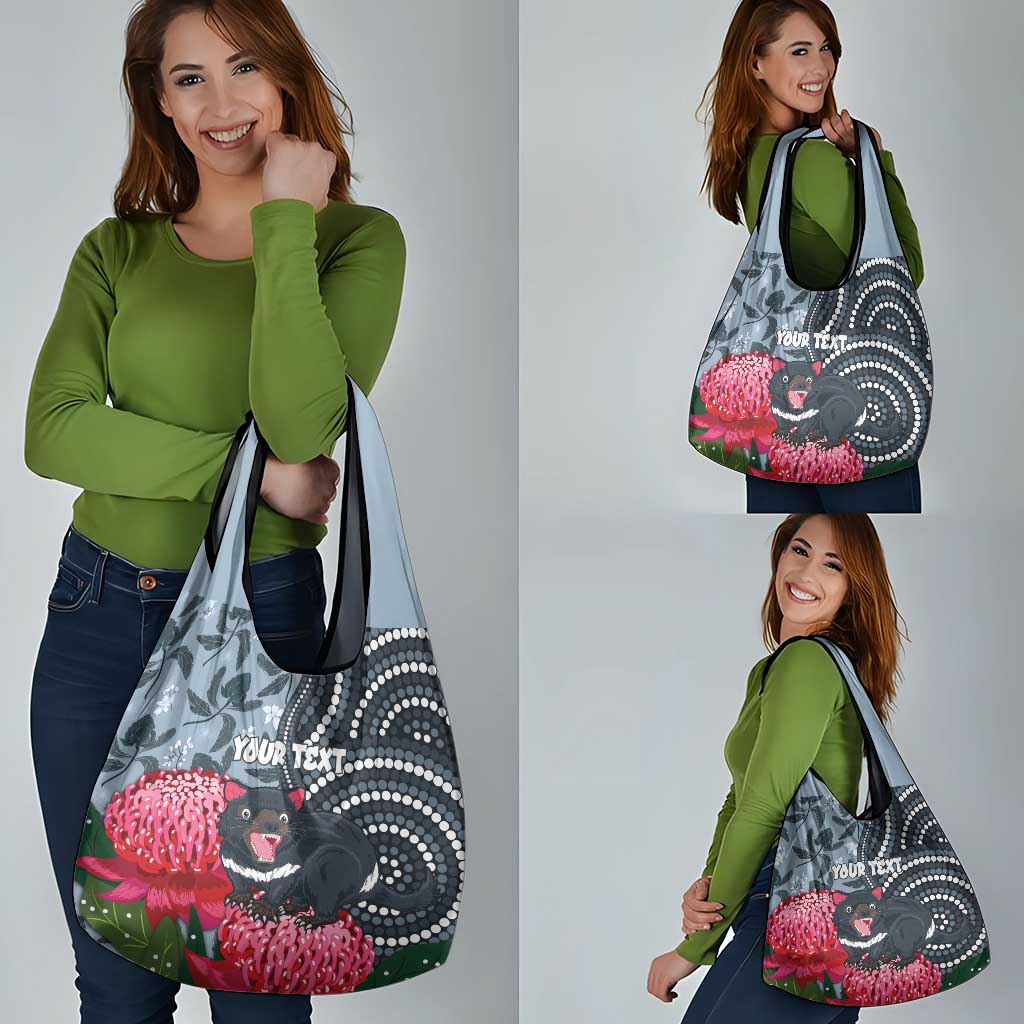 Personalised Tasmanian Devil Australia Grocery Bag Waratah Indigenous Art - Aussie Hoodie