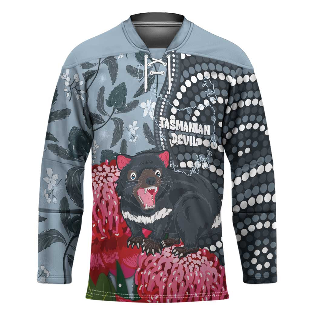 Personalised Tasmanian Devil Australia Hockey Jersey Waratah Indigenous Art - Aussie Hoodie
