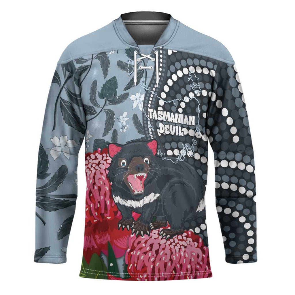 Personalised Tasmanian Devil Australia Hockey Jersey Waratah Indigenous Art - Aussie Hoodie
