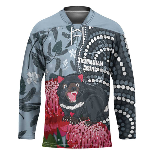 Personalised Tasmanian Devil Australia Hockey Jersey Waratah Indigenous Art - Aussie Hoodie
