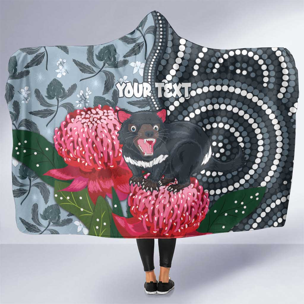 Personalised Tasmanian Devil Australia Hooded Blanket Waratah Indigenous Art - Aussie Hoodie