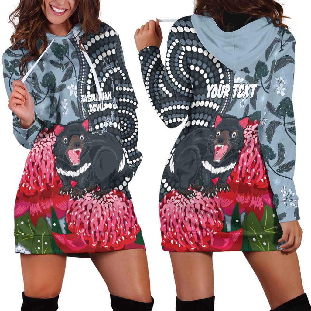 Personalised Tasmanian Devil Australia Hoodie Dress Waratah Indigenous Art - Aussie Hoodie