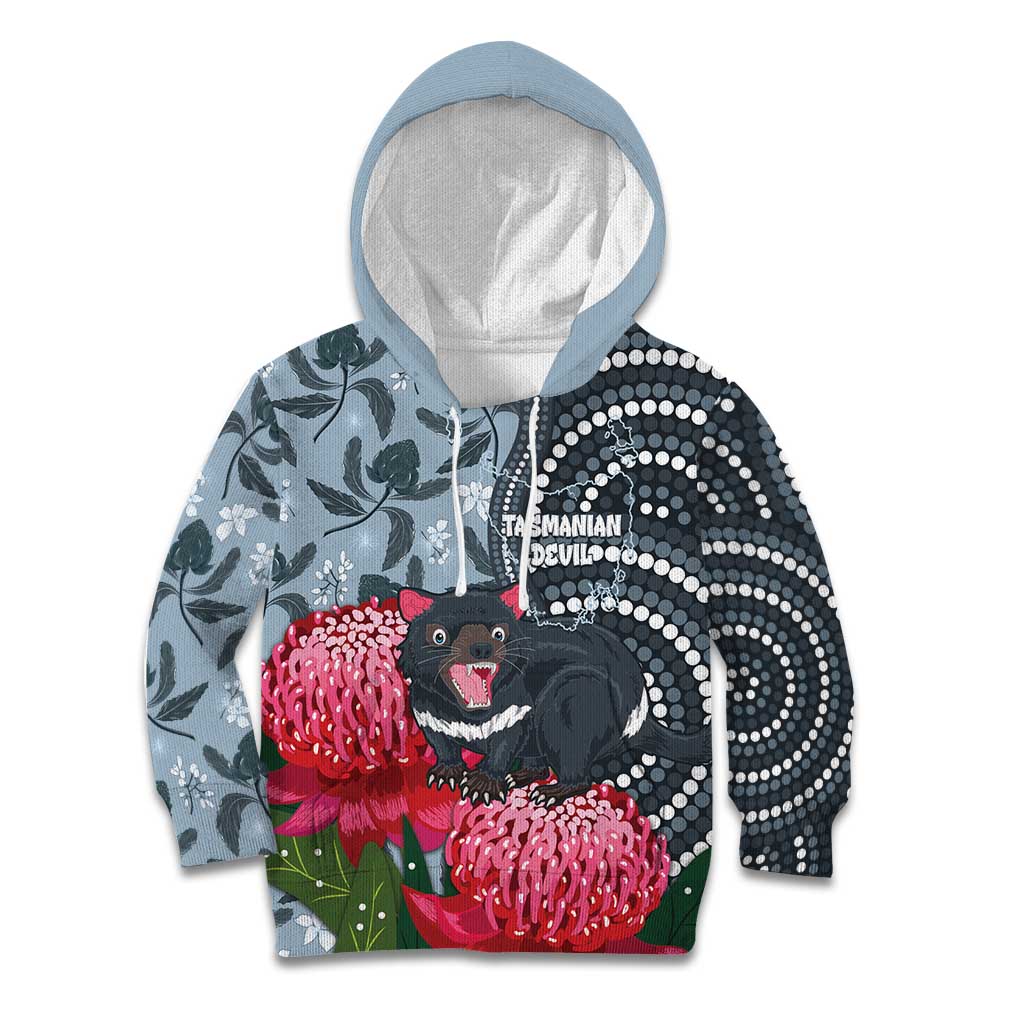 Personalised Tasmanian Devil Australia Kid Hoodie Waratah Indigenous Art - Aussie Hoodie