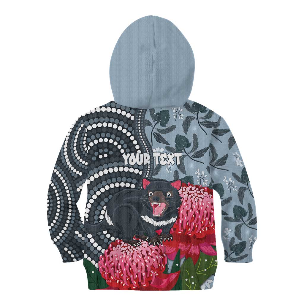 Personalised Tasmanian Devil Australia Kid Hoodie Waratah Indigenous Art - Aussie Hoodie