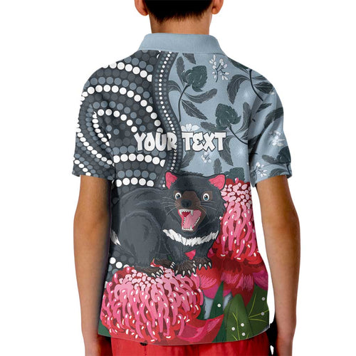 Personalised Tasmanian Devil Australia Kid Polo Shirt Waratah Indigenous Art - Aussie Hoodie