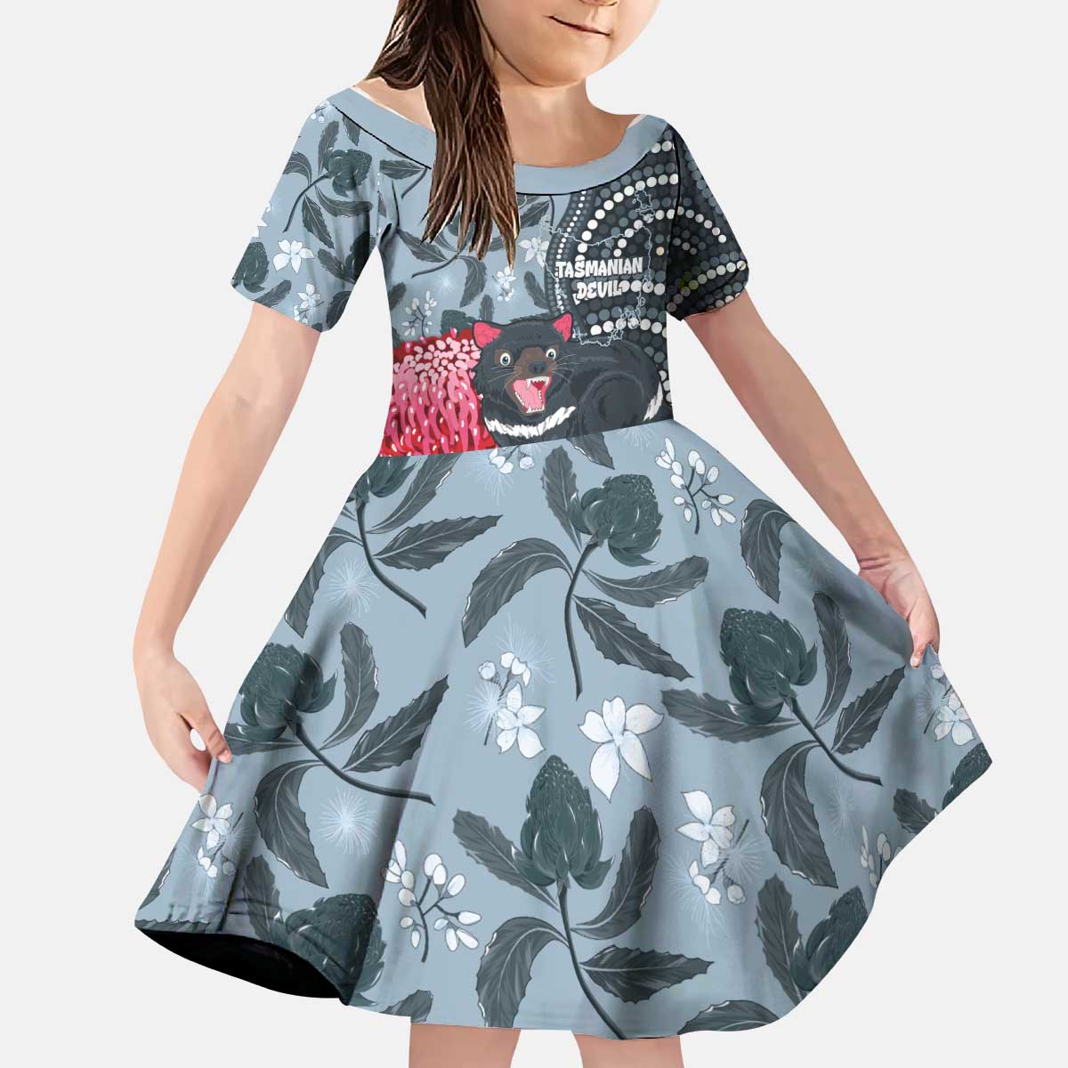 Personalised Tasmanian Devil Australia Kid Short Sleeve Dress Waratah Indigenous Art - Aussie Hoodie
