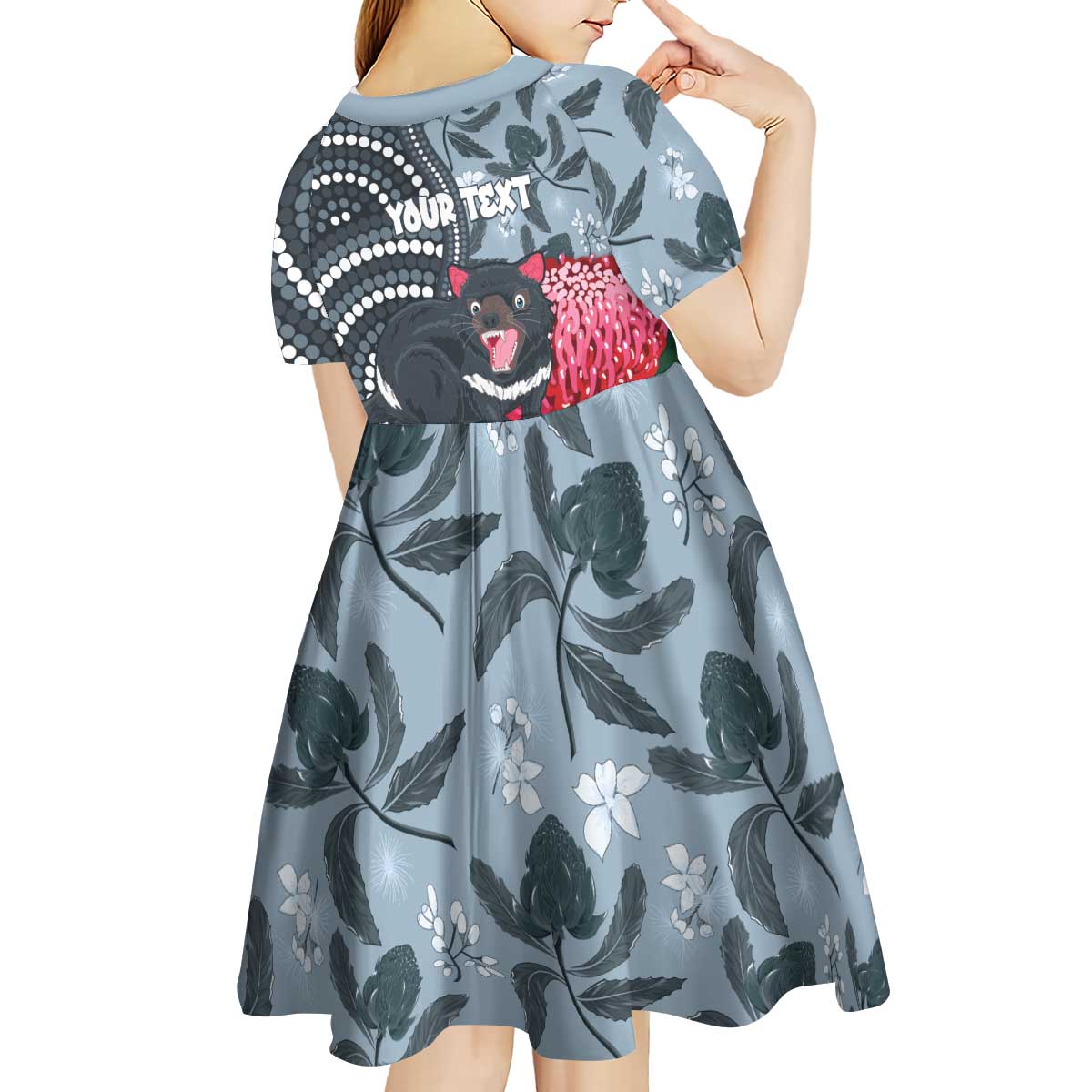 Personalised Tasmanian Devil Australia Kid Short Sleeve Dress Waratah Indigenous Art - Aussie Hoodie