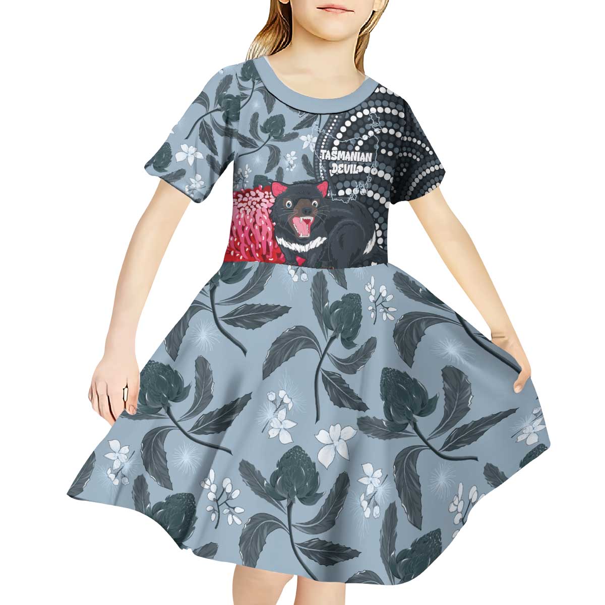 Personalised Tasmanian Devil Australia Kid Short Sleeve Dress Waratah Indigenous Art - Aussie Hoodie