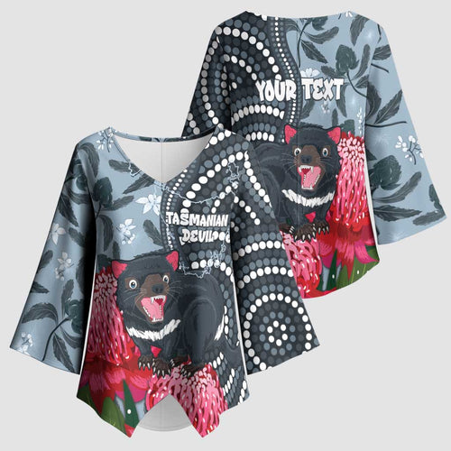 Personalised Tasmanian Devil Australia Kimono Sleeve Blouse Waratah Indigenous Art - Aussie Hoodie