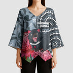 Personalised Tasmanian Devil Australia Kimono Sleeve Blouse Waratah Indigenous Art - Aussie Hoodie