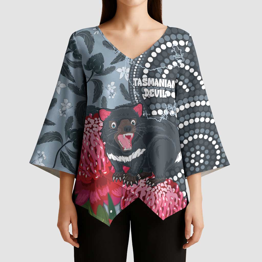 Personalised Tasmanian Devil Australia Kimono Sleeve Blouse Waratah Indigenous Art - Aussie Hoodie