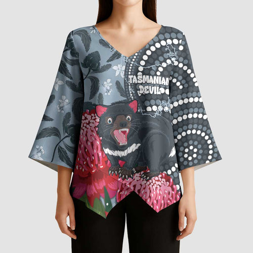 Personalised Tasmanian Devil Australia Kimono Sleeve Blouse Waratah Indigenous Art - Aussie Hoodie