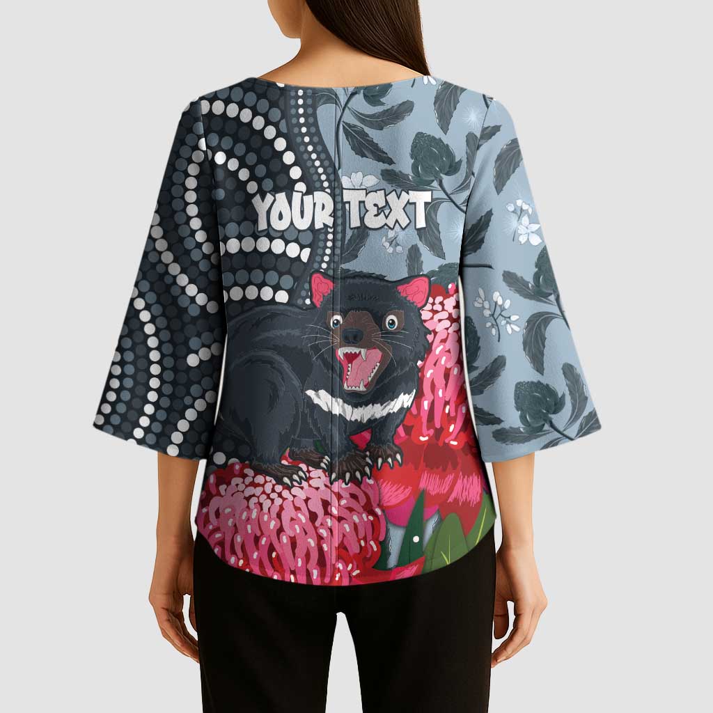 Personalised Tasmanian Devil Australia Kimono Sleeve Blouse Waratah Indigenous Art - Aussie Hoodie