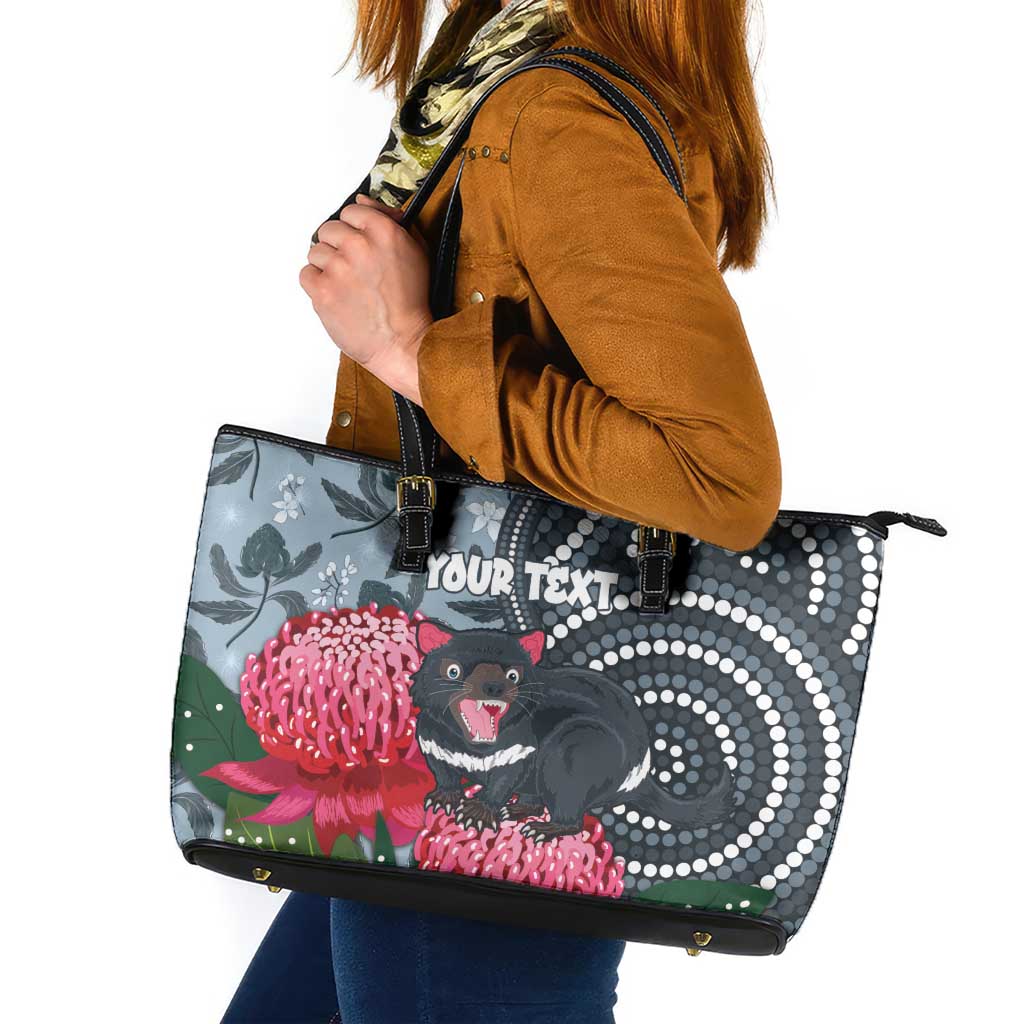 Personalised Tasmanian Devil Australia Leather Tote Bag Waratah Indigenous Art - Aussie Hoodie