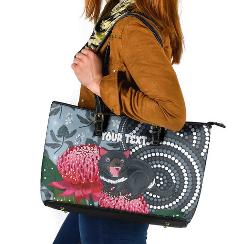 Personalised Tasmanian Devil Australia Leather Tote Bag Waratah Indigenous Art - Aussie Hoodie