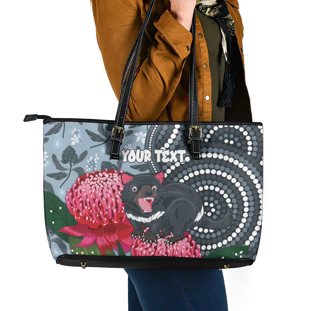 Personalised Tasmanian Devil Australia Leather Tote Bag Waratah Indigenous Art - Aussie Hoodie