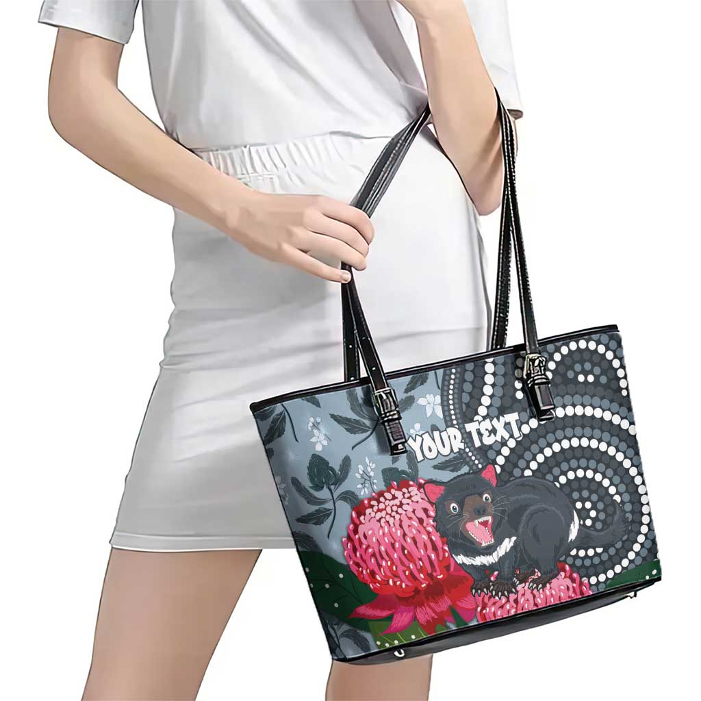Personalised Tasmanian Devil Australia Leather Tote Bag Waratah Indigenous Art - Aussie Hoodie